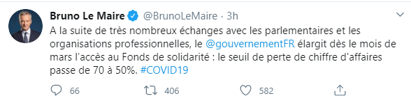 tweet bruno le maire s'exprimant sur l'accès au fonds de solidarité : perte du chiffre d'affaires de 70 à 50%