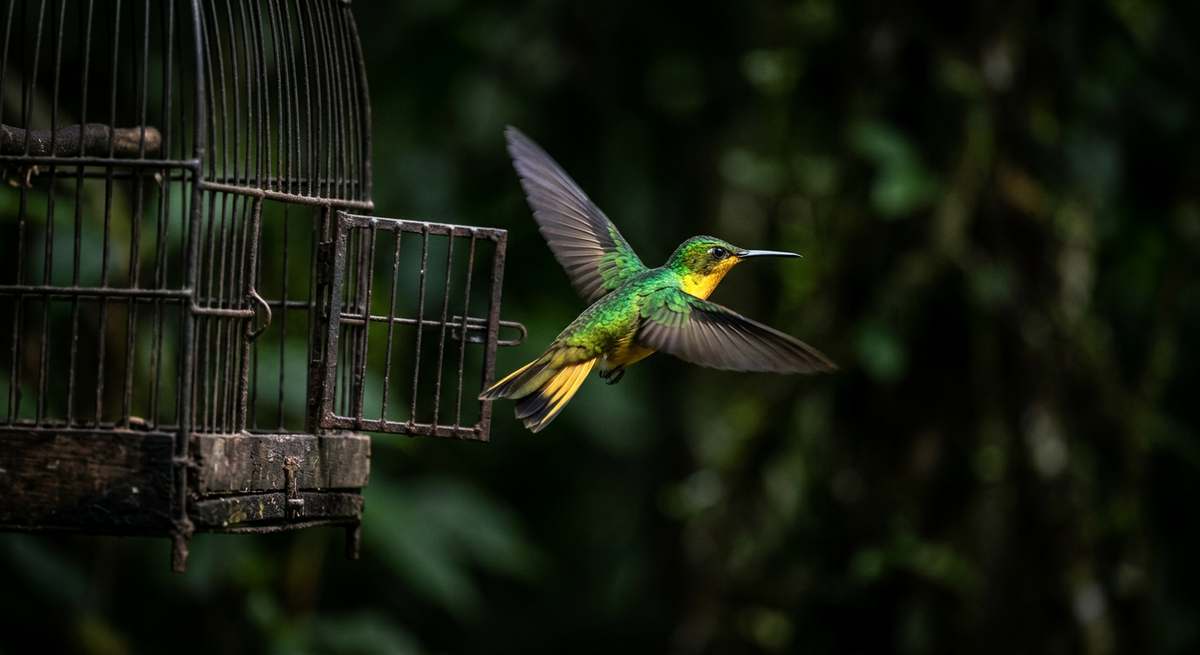 Colibri prenant son envol hors d'une cage ouverte
