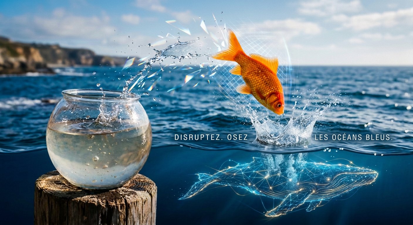Poisson rouge sautant de son bocal vers l’océan : Disruptez, osez les océans bleus